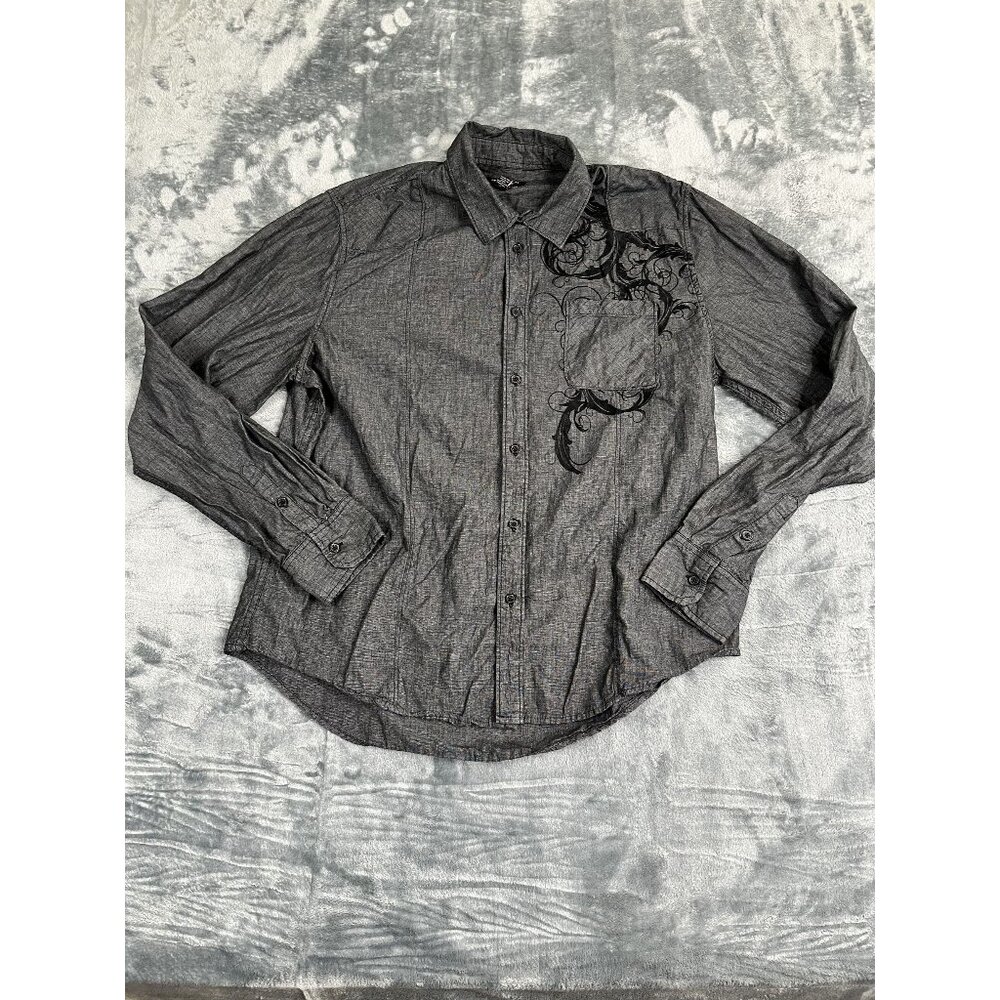 International View Gray Button-Up Shirt With Black Scroll Design Chest Pocket XL